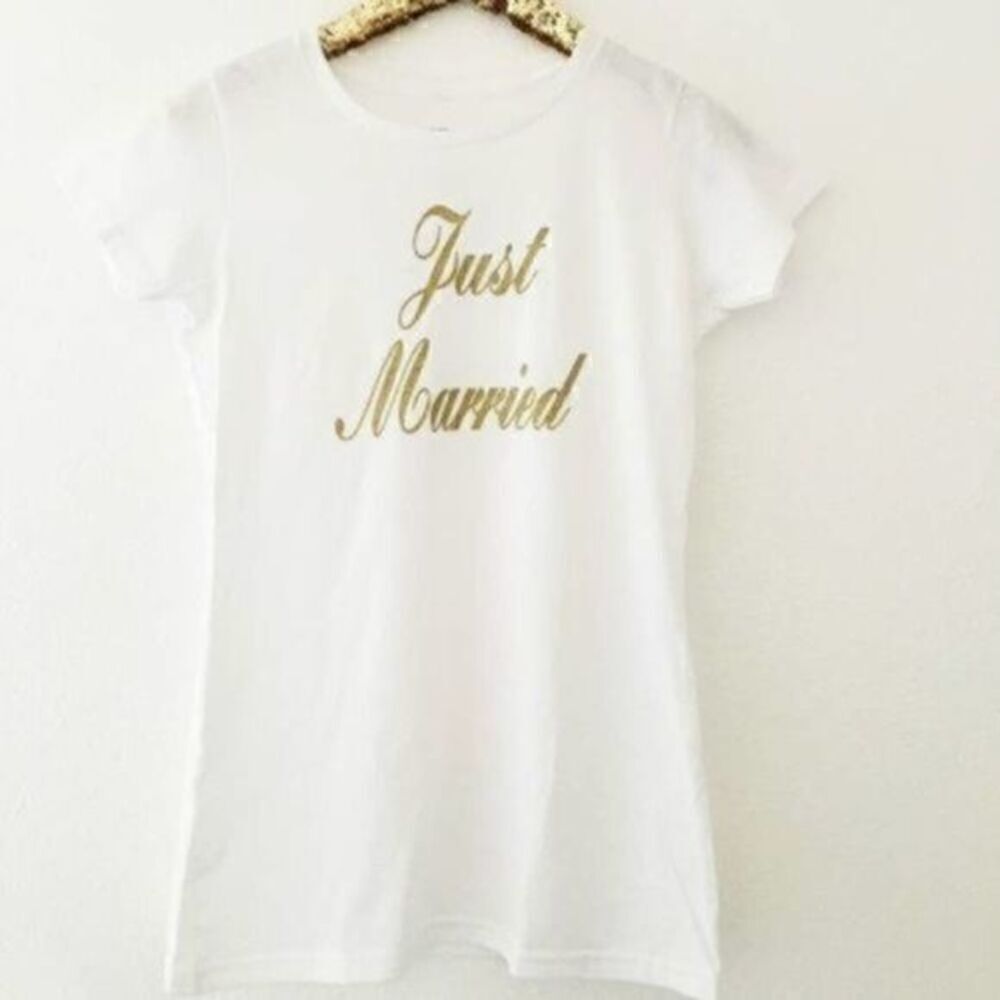 White Just Married T Shirt Gold Letters Medium